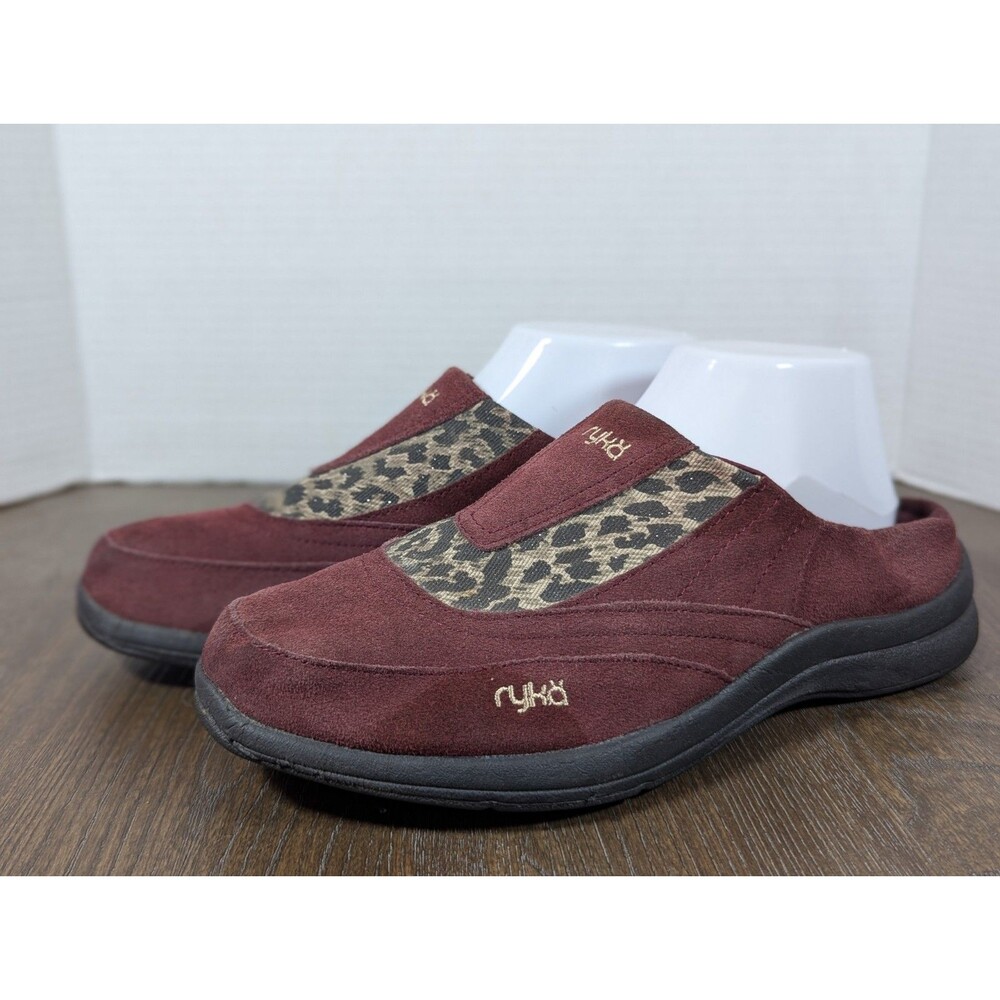 RYKA Suede Leather Slip On Mules Clogs Womens 9 Rust Brown Leopard Print Logo